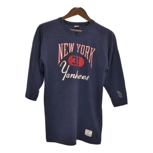 80年代 USA製 Champion チャンピオン MLB ニューヨーク・ヤンキース フットボールＴシャツ ネイビー(メンズ L) 中古 古着 T0036