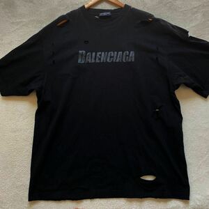 【極美品・現行】 BALENCIAGA バレンシアガ デストロイ 加工 クラッシュ ダメージ メンズ 半袖 ロゴ Tシャツ オーバーサイズ ブラック M