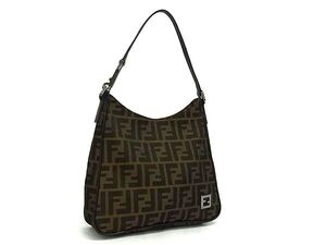 1円 ■美品■ FENDI フェンディ ズッカ柄 キャンバス×レザー ワンハンドル ハンドバッグ ショルダー 肩掛けかばん ブラウン系 BI9001