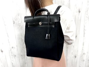 極美品 HERMES エルメス エールバッグ サックアド リュックサック トートバッグ トワルオフィシエ ×レザー 黒 A4収納可 2WAY 77958Y