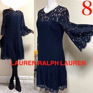 美品！ローレン　ラルフローレン　洗える！総レース ワンピース　8 L 大きめ　濃紺　LAUREN Ralph Lauren RALPH LAUREN 結婚式　2次会