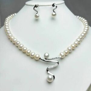 美しい！本真珠ネックレス7mm 2点セット　天然パールピアス　Pearl パールネックレス