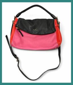 1587◆kate spade ケイトスペード◆本革 牛革 レザー 2way ショルダーバッグ ハンドバッグ ブラック×ピンク×レッド