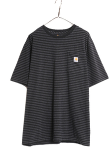 US企画 カーハート ポケット付き ボーダー 半袖 Tシャツ メンズ XL / 古着 CARHARTT K87 ヘビーウェイト ポケT 大きいサイズ ワンポイント