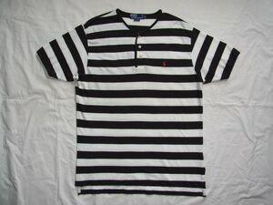 ☆ 80s90s カナダ製 POLO Ralph Lauren ポロ ラルフローレン ヘンリーネック ボーダー 鹿の子 Tシャツ sizeM 黒×白 ☆USA古着 ビンテージ