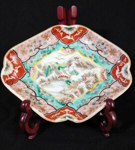 古伊万里 金彩 色絵 花唐草文 山水図 変形 19cm 菱形皿 江戸後期 bcupd-62a3797-ca