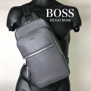 極美品 HUGO BOSS ヒューゴ ボス レザー ボディバッグ バッグパック ショルダーバッグ メンズ クロスボディ リュック グレー ほぼ未使用 最