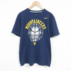 L/古着 ナイキ NIKE 半袖 ブランド Tシャツ メンズ ウエストバージニア大学 マウンテニアーズ コットン クルーネック 紺 ネイビー 23ju