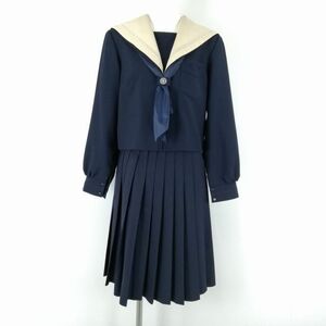 1円 セーラー服 スカート スカーフ 上下3点セット 冬物 ベージュ1本線 女子 学生服 大阪東雲中学 紺 制服 中古 ランクC EY0172