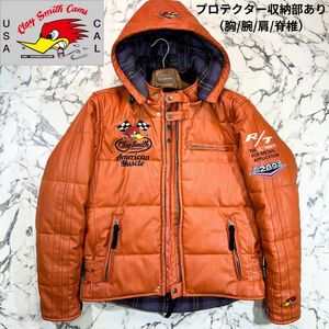 美品/プロテクター収納可 (L) ●Clay Smith クレイスミス 2WAY Fレザー バイク ウィンター ジャケット ブランケット チェック オレンジ