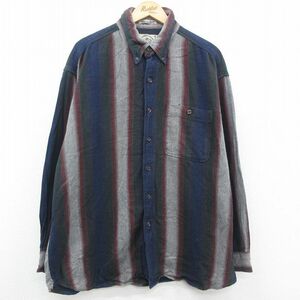 XL/古着 GANT 長袖 ヘビー フランネル シャツ メンズ 00s 大きいサイズ ロング丈 コットン ボタンダウン 紺他 ネイビー ストライプ 23o