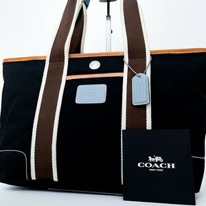 1円■超美品■COACH コーチ キャンバス ロゴ チャーム トートバッグ ハンド ビジネス 大容量 A4 レディース メンズ レザー ブラック 黒