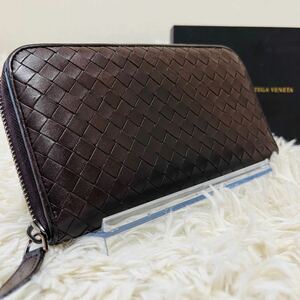 1円《極美品》BOTTEGA VENETA ボッテガヴェネタ イントレチャート ラウンドファスナー ジッピーウォレット 長財布 茶 ブラウン メンズ