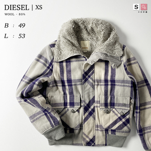 DIESEL 厚手 ウール 起毛 ボア フリース 裏地 チェック 柄 ジャケット 総柄 アイボリー 紫 バイカラー 秋 冬 ショート丈 ディーゼル XS 7号