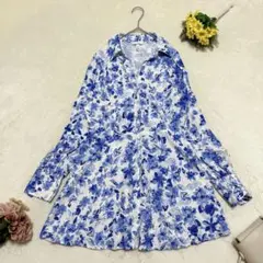 2376◆H&M(M)Vネックフレア長袖シャツワンピース　ブルー系　花柄