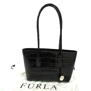 美品■FURLA フルラ クロコ型押しレザー トートバッグ チャーム付き 本革 イタリア製 レディース