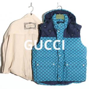 GUCCI 新品 国内正規品 GGキャンバス ダウンベスト 46 24SS 24AW ブルー ネイビー 2024クルーズ パファージャケット ブルゾン フード