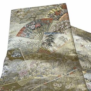 【美品】 丸帯 桃山扇面屏風文 壱阡八百口織 プラチナ本金箔 両面全通総絵図 扇子 御所車 花鳥 松 お太鼓柄 金色 銀色 正絹 袋帯