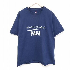 XL/古着 ヘインズ Hanes 半袖 Tシャツ メンズ PAPA コットン クルーネック 紺 ネイビー 24jun04 中古