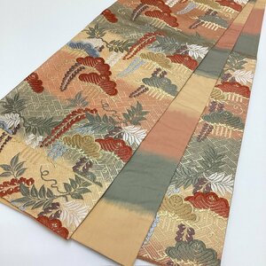 【ちどりや】美品 正絹 六通柄 袋帯 フォーマル 横段暈し 唐織 藤花 松刺繍 薄茶×青白橡 B408