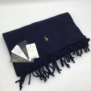 ＃7206　美品 POLO RALPH LAUREN ポロ ラル フローレン WOOL ウール 100％ マフラー ネイビー 紺 ポニー ロゴ刺繍 173㎝×35㎝