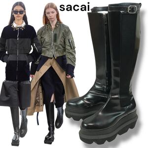 t219 sacai 2021 サカイ サイドゴア ロングブーツ 36 日本製 ベルトデザイン 5758 BLACK 正規品 21AW レディース プラットフォーム 厚底