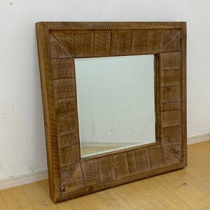 80×80cm●壁掛けミラー ウォール ビンテージスタイル インダストリアル ブルックリン 西海岸 天然木 木枠 木製 シャビー 古材 四角