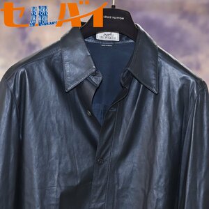 本物 極上品 エルメス 最高級一枚革仕立て カフリンクス レザーシャツ メンズ48 ブラック ジャケット ブルゾン コート 国内正規品 HERMES