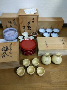 木箱 共箱入り 和食器 5点おまとめ 豊窯 酒器 寺田美山 越前焼 光琳堂 椿皿 萩焼 建水 止原伸郎 茶器 廣瀬淡雅 有田焼 小付揃 鹿山 小鉢