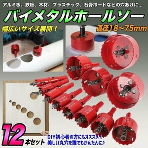 バイメタルホールソー 12点セット 直径18～75mm 超硬ホルソー 木工 工具ドリルビット 鉄工キリ ホルソー ホルソ ステンレス 穴あけ 高品質