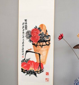 斉白石　植物画　菊 菊酒益寿図　画仙紙使用　コレクション　中国古美術品　中国美術品　中国書画　復刻　掛軸　巻物 zh29