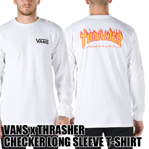 新品VANS x THRASHERバンズ/スラッシャー長袖Tシャツ白M/MEDIUMヴァンズ/ロンT/ロングTシャツ/コラボ/チェッカー/フレイム/ロングスリーブ