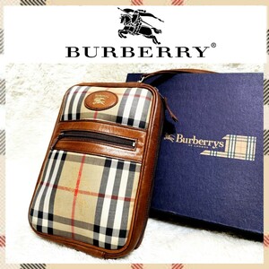 １円　超希少　BURBERRY　バーバリーズ　クラッチバッグ　セカンドバッグ　レザー×キャンバス　オールドノバチェック　ホース　ベージュ