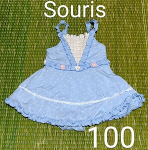 小花柄 souris 100 スーリー　水着　ワンピース 　花　水色　チェック フリル 女の子 キッズ 水泳　子供　95 ブルー