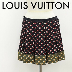 国内正規品◆LOUIS VUITTON ルイ ヴィトン シルク100％ ハート柄 プリーツ フレア ミニ スカート 黒 ブラック 36