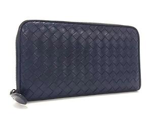 1円 ■美品■ BOTTEGA VENETA ボッテガヴェネタ イントレチャート レザー ラウンドファスナー 長財布 ウォレット ネイビー系 FL2601