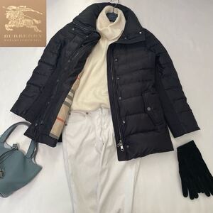 ◆大きいサイズ◆美品◆BURBERRY 40/11号/L ダウン最高比率95%！！極暖仕様☆ハンガリーグースサイドリブダウンコート 黒×メガチェック 