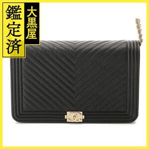 CHANEL シャネル ボーイシャネル Vステッチ チェーンウォレット ブラック/GP キャビア 【430】2148103742286