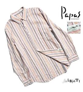 美品【定価3.5万超】Papas パパス ×SOLBIATI リネン 長袖シャツ L (50) メンズ マルチストライプ【イタリア老舗生地】麻 日本製 