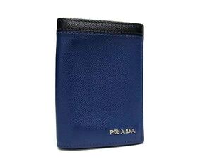 1円 ■美品■ PRADA プラダ サフィアーノレザー カードケース パスケース カード入れ 名刺入れ 定期入れ ネイビー系×ブラック系 FE5997