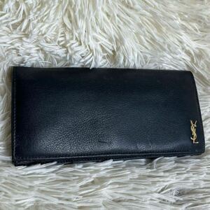 【晩品】SAINT LAURENT サンローラン メンズ 長財布 二つ折り ロゴ金具 レザー ブラック 黒 