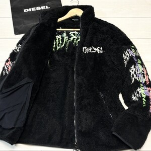 極美品/XLサイズ相当●DIESEL フリース ジャケット モックネック ボア ブルゾン ジップアップ 刺繍ロゴ 洗える メンズ ブラック ディーゼル