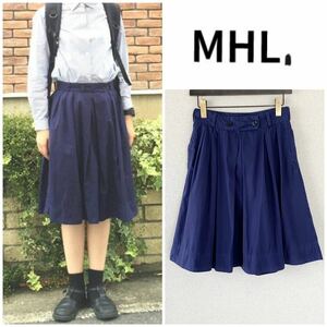 MHL. マーガレットハウエル NATURAL DYE POPLIN 天然染料 ナチュラルダイ コットンリネンポプリン フレアスカート 1 / S ネイビー 日本製