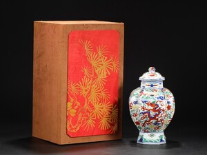 明代 大明萬暦年製 陶磁器 青花五彩纏枝雲龍紋六方大蓋罐【仁】染付 置物擺件 古賞物 古美術 中国古玩 蔵出