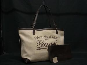 1円 GUCCI グッチ 247209 493075 キャンバス×レザー ポーチ付き トートバッグ ショルダー 肩掛け ベージュ系×ブラウン系 FF2707