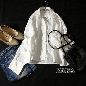 美品 ザラ ZARA リネン100％ ゆったり可愛い 長袖シャツ S 春 夏 24C04