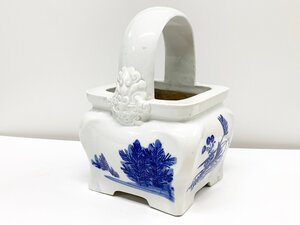 白磁 染付 火鉢 手あぶり 取っ手付き 花器 陶器 陶磁器 骨董品 時代物 アンティーク 古美術