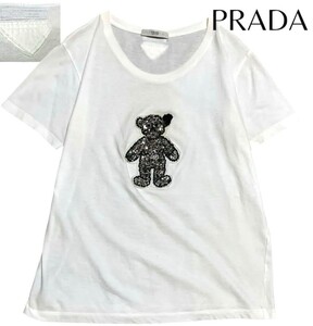 【希少】PRADA プラダ　クマ　ビジュー　ベア　三角ロゴ　コットン　Tシャツ　イタリア製　L　くま　ホワイト カットソー