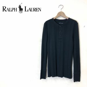 G2157-U◆RALPH LAUREN ラルフローレン Tシャツ 長袖 ヘンリーネック 無地 シンプル カットオフ カジュアル 縦縞◆size L ブラック 綿