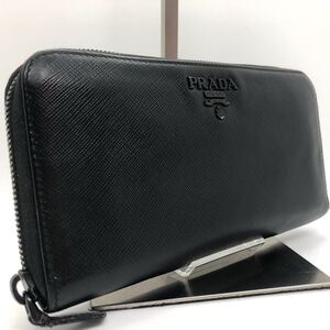 【極美品】 RFID PRADA プラダ 長財布 ラウンドファスナー ジッピー サフィアーノ レザー シャイン ブラックロゴ ビジネス メンズ 黒 